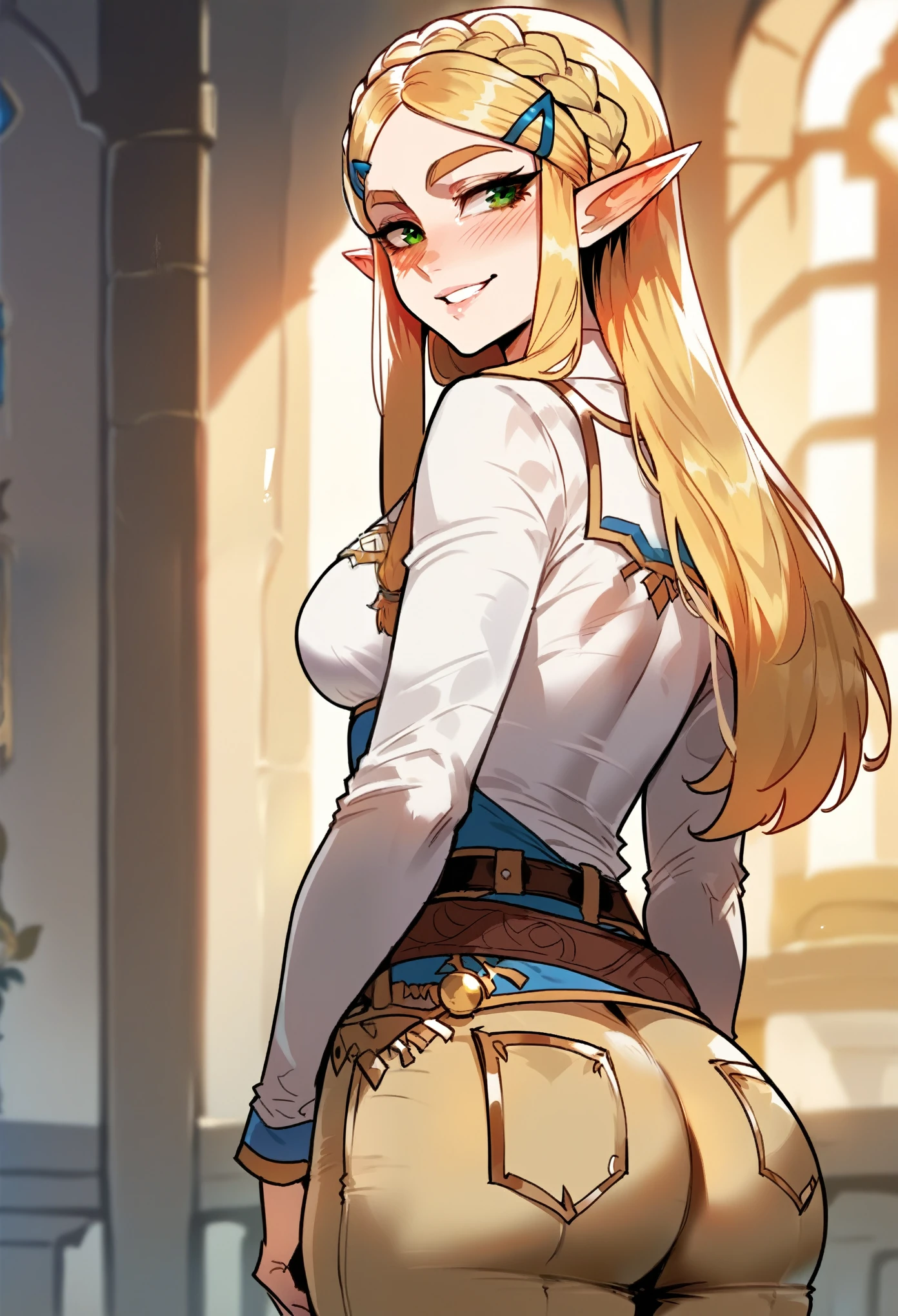Floox style, 1girl, ass, princess_zelda, pointy_ears, blonde_hair, long_hair, solo, smile, breasts, braid, pants, black_pants, hair_ornament, white_background, green_eyes, shirt, hairclip, crown_braid, looking_to_the_side, simple_background, blush, medium_breasts, bangs, long_sleeves, blue_shirt, looking_away, belt, cowboy_shot, parted_lips, sidelocks, thick_eyebrows, grin