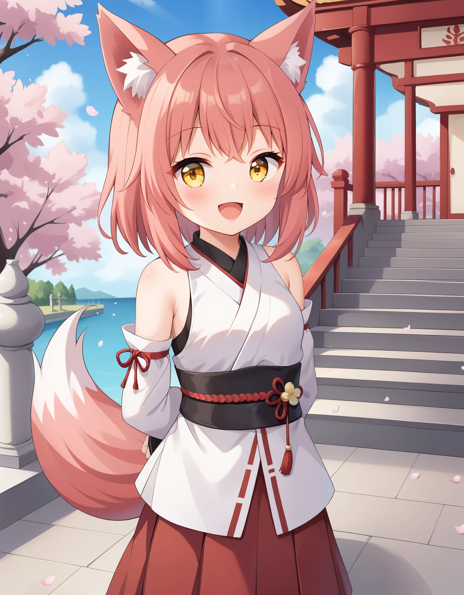 1girl, (****:1.2), yellow eyes, medium hair, stairs, cherry blossoms, temple, fox girl, detached sleeves, animal ears, happy, arms behind back