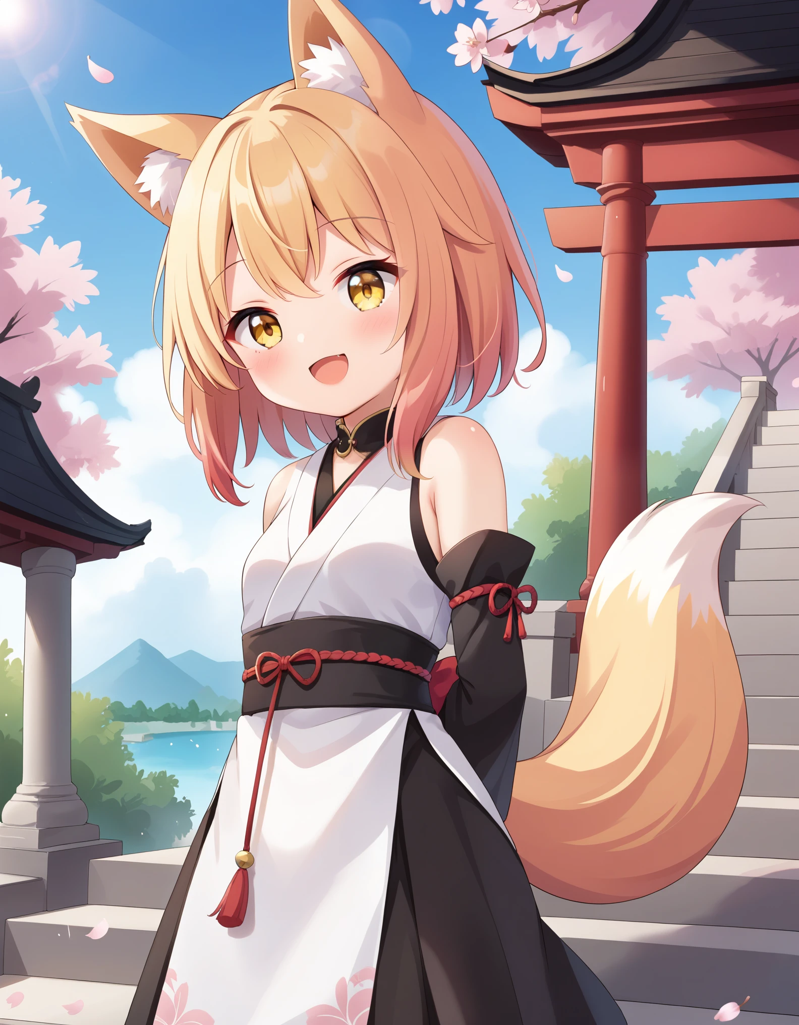 1girl, (li:1.2), yellow eyes, medium hair, stairs, cherry blossoms, temple, fox girl, detached sleeves, animal ears, happy, arms behind back