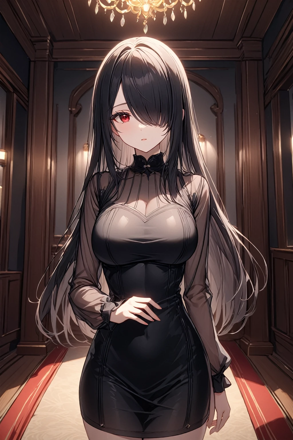 Full Body Portrait, 1girl, Solo, Looking at viewer, Shy, Cute, Red Eyes, Empty Eyes, Expressionless Eyes, Black Hair, Very Long Ponytail, Straight Hair, ((Hair Over One Eye, Swept Bangs:1.5)), Petite, Large breasts, Pale Skinned, Slender, Curvy, (ruanyi0991,black dress,tight dress,see-through,long sleeves,short dress), Standing, Indoors, Cinematic Lighting, Masterpiece, 4K, Best Quality, High Resolution, Accurate, Award Winning, (SuperQuality:1.0) ~ (SuperQuality:1.2)