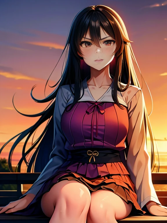 One Japanese Mature、40 years old、Staring at the audience、Angry face、Standard chest、silky long hair、Hair blowing in the wind、Loose fitting blouse、Belted long skirt、Sitting on a bench、background:Riverbank at dusk、Orange sunset sky、