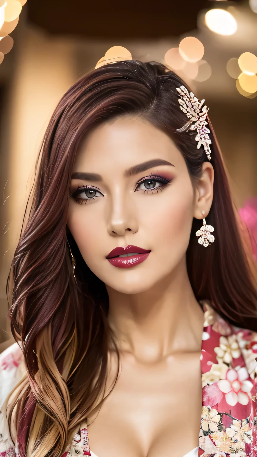 Realistic, Highest quality, 8k, woman, 20-year-old, white Sakura pattern kimono, Large Bust, Long Hair, Ultra-detailed skin textures, Soft Lighting, Fairy, Bokeh, xoxo Lipstick, Sensual Lipstick, Sensational Make up 