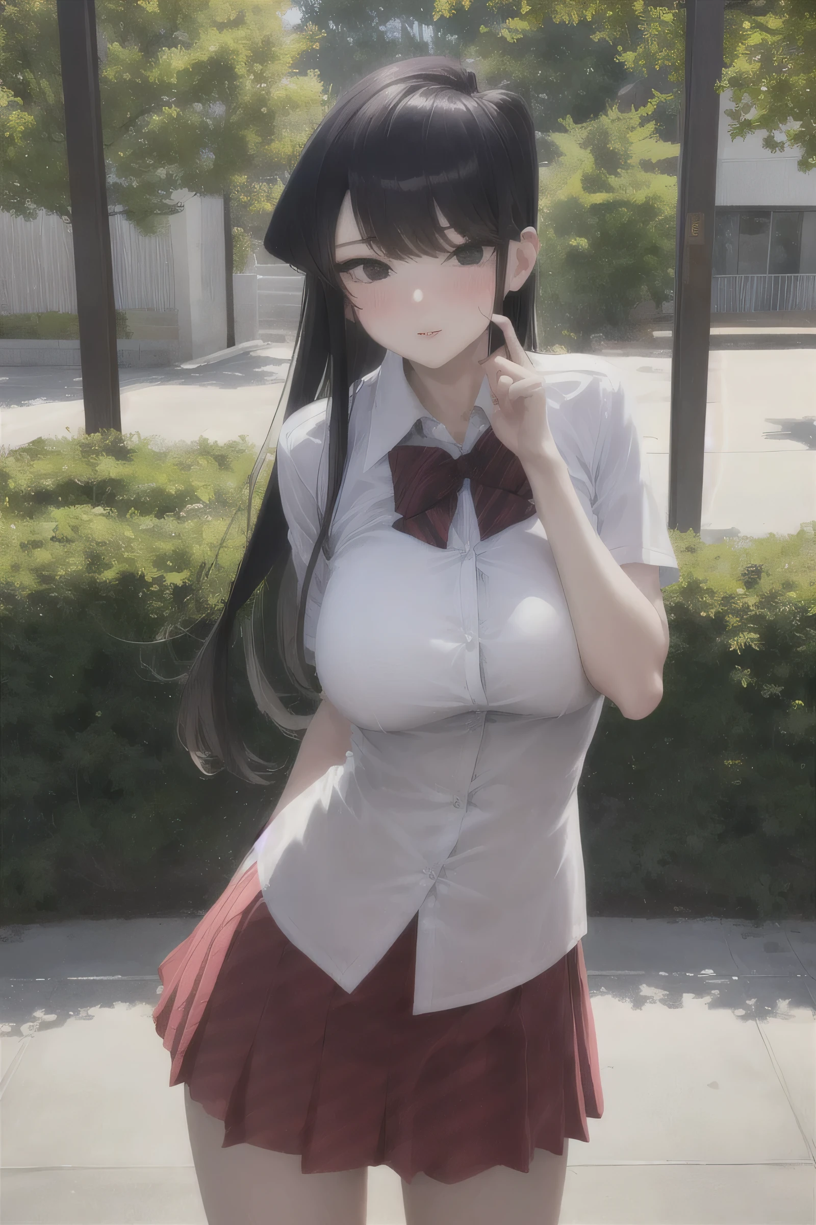 (masterpiece, best quality:1.2),
highres,
skin_detail,
face_detail,
lustrous_skin:1.4,
skindentation,
Komi Shouko,
16yo,
School shirt, 
school skirt
ultra_massive_natural_breasts:1.4,
(innocent_big_eyes:1.0),
light_blush,
winter,
snow,
outdoor,
garden,
cute,
{sexy_pose | seductive_pose | erotic_pose}
cowboy_shot,
