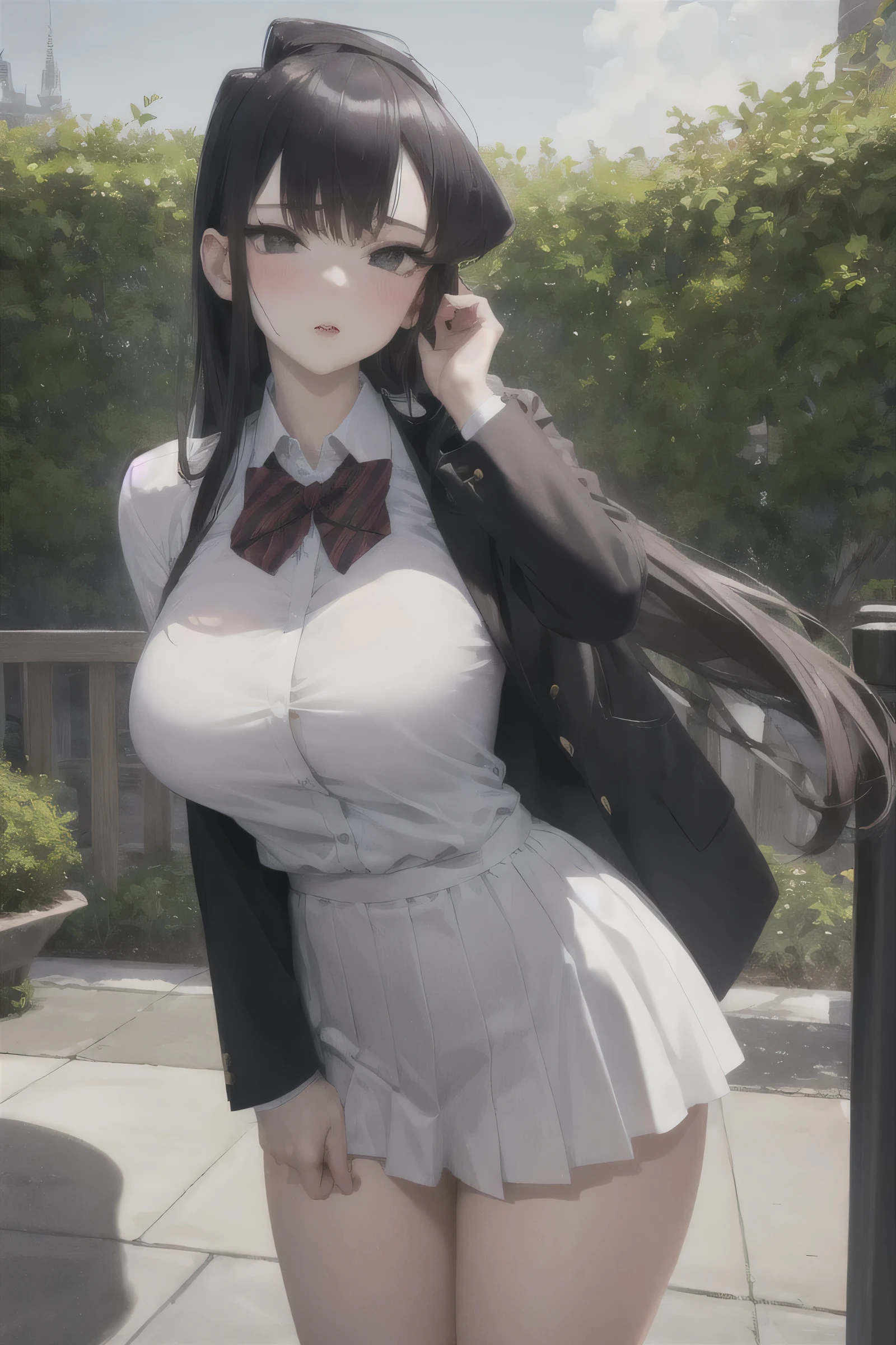 (masterpiece, best quality:1.2),
highres,
skin_detail,
face_detail,
lustrous_skin:1.4,
skindentation,
Komi Shouko,
****,
School shirt, 
school skirt
ultra_massive_natural_breasts:1.4,
(innocent_big_eyes:1.0),
light_blush,
winter,
snow,
outdoor,
garden,
cute,
{sexy_pose | seductive_pose | erotic_pose}
cowboy_shot,
