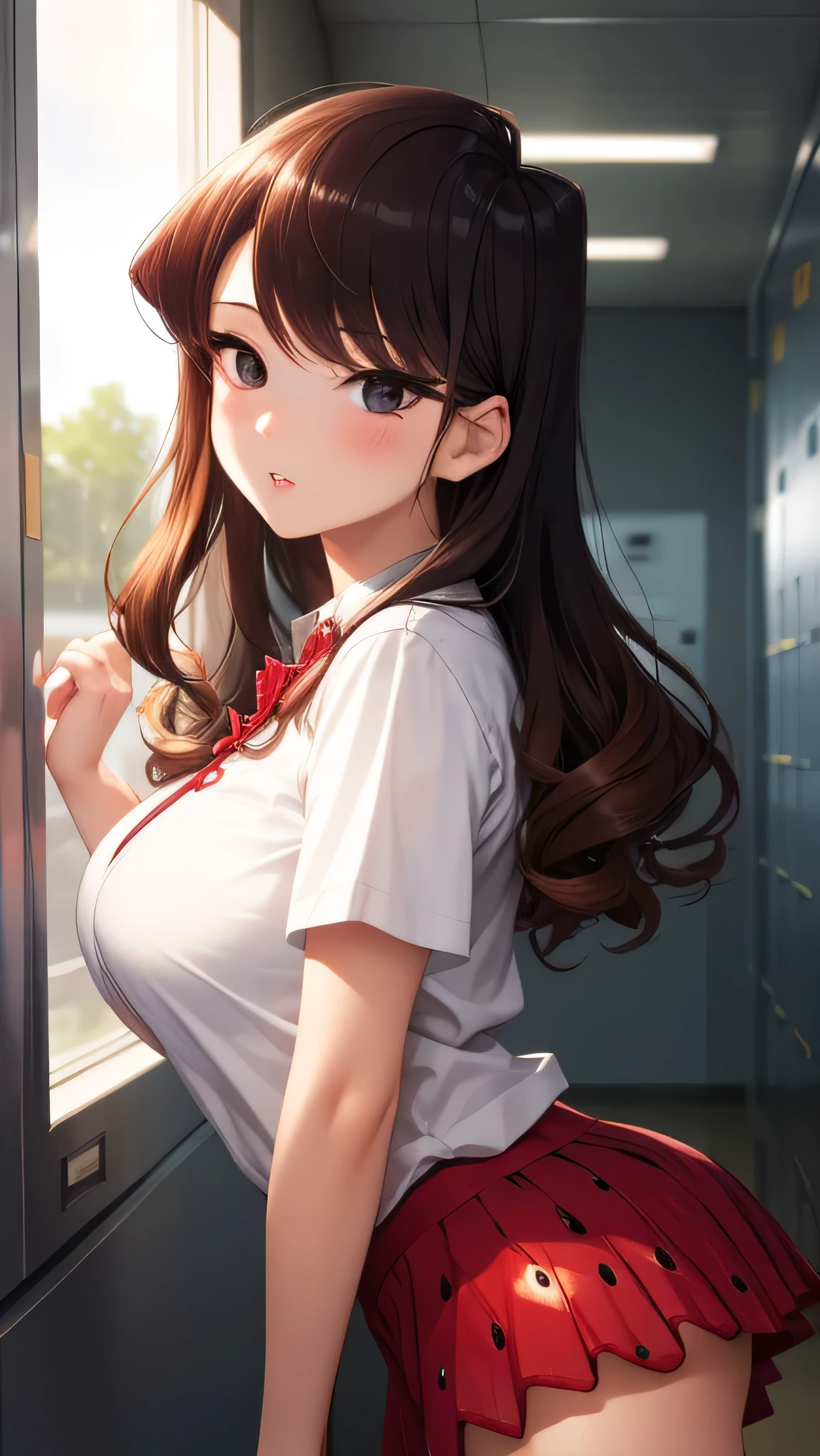 1girl, natural lighting, masterpiece, highly detailed, illustration, game CG, absurdres, high quality, komi shouko, large breasts, beautiful detailed eyes, detailed hair, glossy lips, blush, school, white shirt, black pleated miniskirt, very curly hair, leaning forward, ((strawberry blonde hair)), looking back at viewer, (panties:0.8), hallway, locker