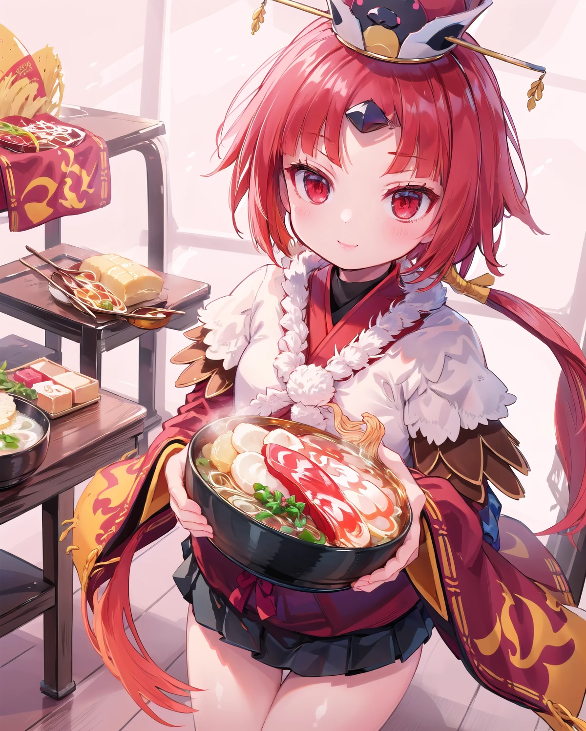 ((masterpiece,best quality:1.2)),(ramen:1.3),((The perfect table)),smile,1girl,be_nienma,wide sleeves,((red japanese clothes:1.2)),red hair, Small white pom-poms:1.2,parted sleeves past wrists,Black mini skirt,hat