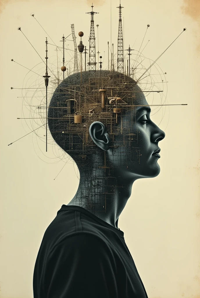 surreal composition, A person; the head becomes a complex signal receiver, Retro photo album cover,Realistic minimalist style