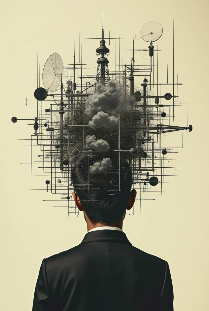 surreal composition, A person; the head becomes a complex signal receiver, Retro photo album cover,Realistic minimalist style