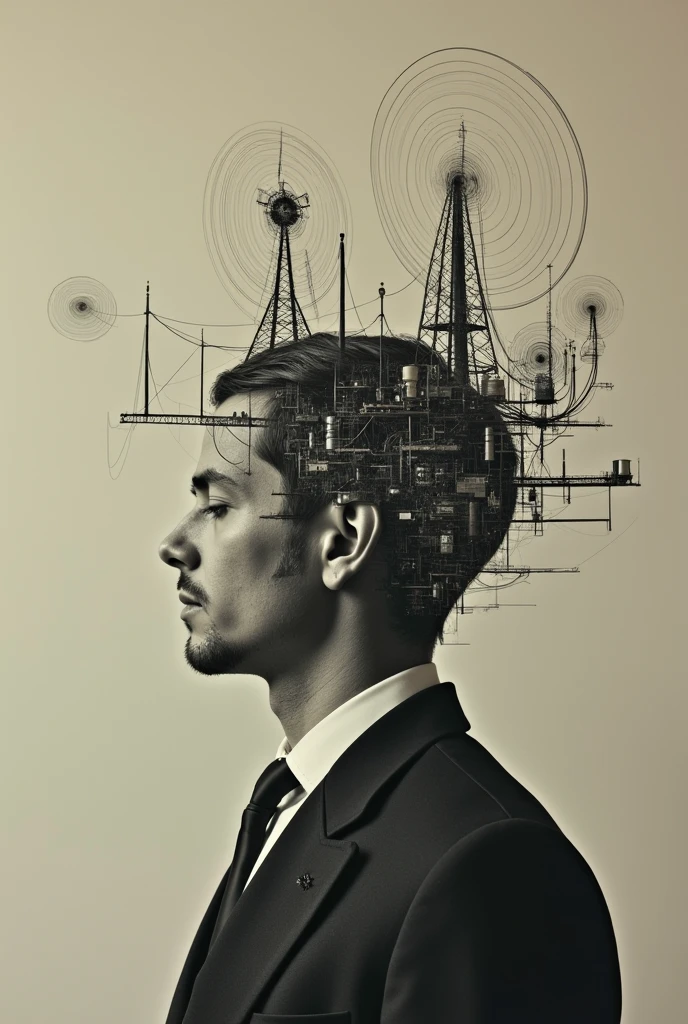 surreal composition, A person; the head becomes a complex signal receiver, Retro photo album cover,Realistic minimalist style