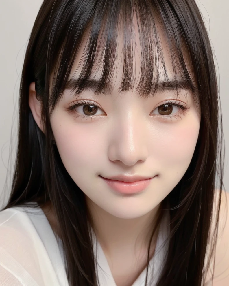 ((masterpiece, Highest quality, High resolution)), 1 girl, (Realistic: 1.4), alone, White Background, snow-White Background, Mouth closed, Smile, Smile, Beautiful black hair, short hair, Big eyes, Transparent double eyelids, eyelash, Listen carefully, Long neck, Long neck, Absolute area, ((Face close-up)), (Draw the whole head, shoulder), 19 years old, Attractive proportions, Glowing Skin, Beautiful collarbone, Golden ratio face, Perfect Face, Teardrop-shaped moles, Mole on chest, bangs, clean bangs, Lip gloss, Pale lips, Pale skin, naked, Big Breasts, Small face, Small face, Draw the whole head, draw all shoulder, From the side, Gaze looking at the camera