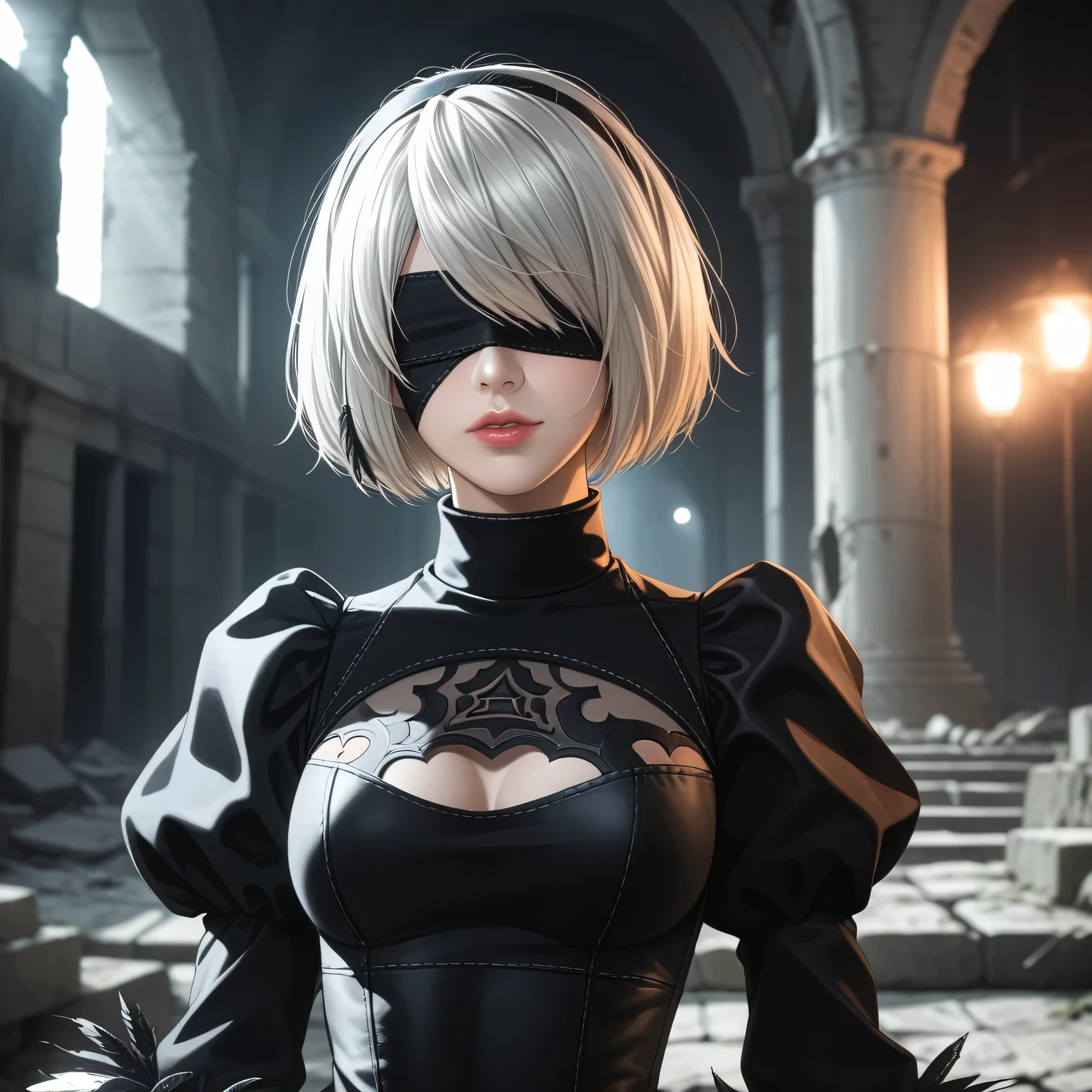 score_9, score_8_up, score_7_up, 32k,masterpiece, highest quality, 
photo realistic, vibrant colors, chiaroscuro lighting, cinematic lighting,
a woman, nier automata 2B inspired,
bob cut, gray hair, bangs, blindfold, pink lips, black goth dress, long sleeve, Juliet sleeve, white gloves, turtleneck, feather ornament, feather ornament sleeves, black leather boots, 
ruins, a ruined world, a devastated battlefield, picturesque, beautiful scenery, fantastic night sky,
seductive pose, cinematic angle,