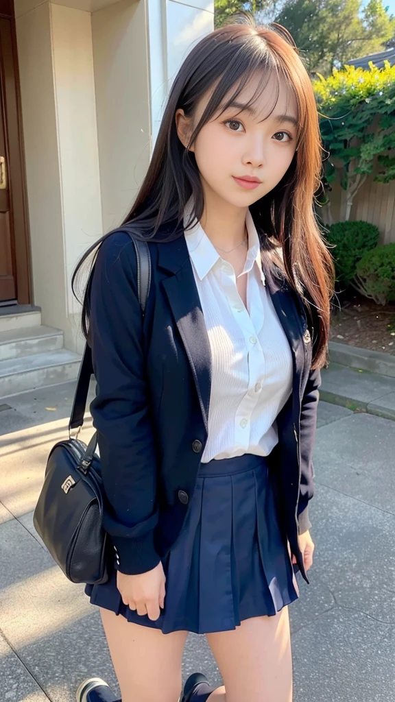 masterpiece, best quality, illustration, Super detailed, fine details, High resolution, 8K,wall paper, perfect dynamic composition,(Details High quality, realistic depiction of eyes:1.3), High School Classroom、High school girl uniform、blazer 、Super Short Check Uniform Skirt、Navy blue high socks、garterbelts、plump breasts, Disturbed uniform, (updo:1.2), black hair color, large breasts, Big Natural Color Lip, bold sexy pose, (perfect body shape), crying a little、20 year old girl、cute type, beautiful legs, hposing Gravure Idol, Voluptuous thighs
