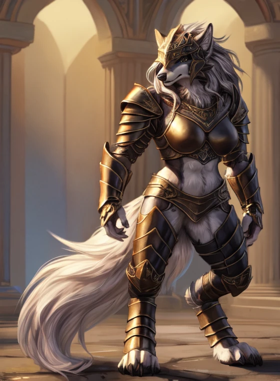 simple background, beautiful details, high quality, high res, ((masterpiece)), great lighting, detailed face and body, detailed lighting, solo, eyes covered, maliketh (elden ring), ((female anthro wolf furry)), ((female)), canid, canine, voluptuous, tail, long fluffy tail, digitigrade, toe claws, long flowing hair, wearing ((armor, helmet, topwear, full body armor, intricate armor, thick armor)), black armor with golden accents