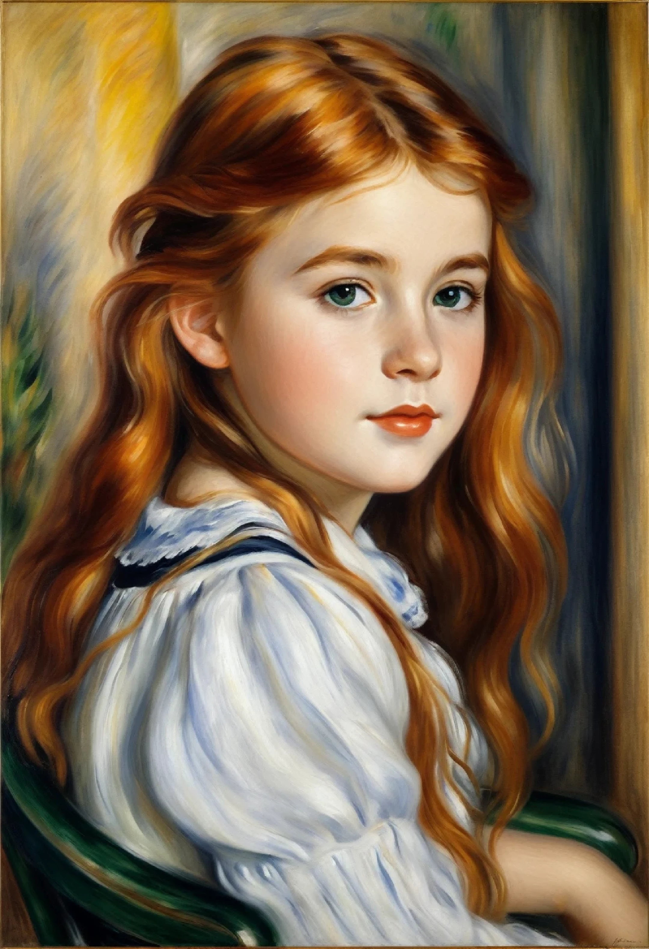 a painting of a young girl with long hair sitting in a chair, Пьер-Огюст Renoir, Renoir, Пьер Ролан Renoir, Пьер - Огюст Renoir, in Renoir style painting, side portrait of a girl, portrait of a young girl, portrait of a red-haired girl, portrait young girl, young girl