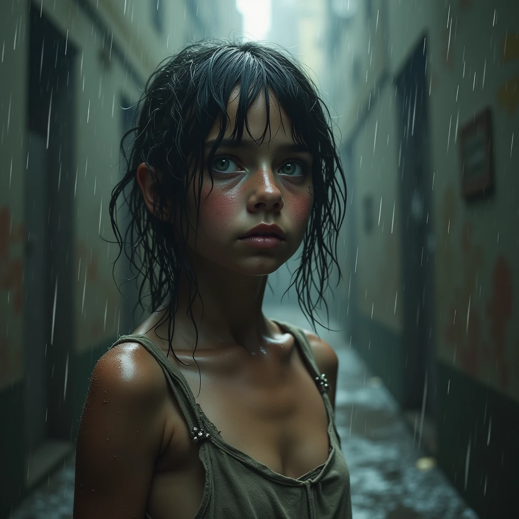 There is a woman standing in a hallway in the rain - SeaArt AI