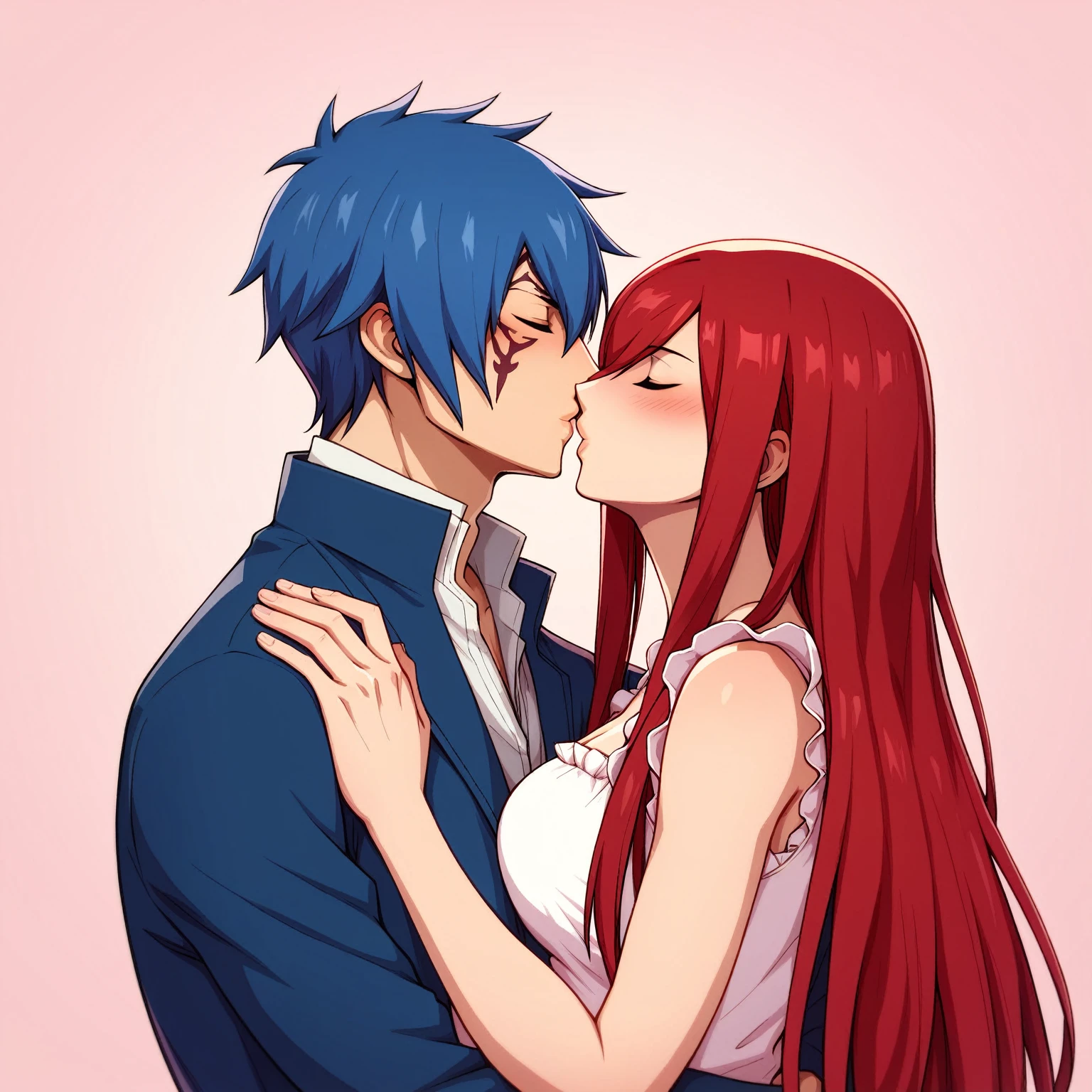 masterpiece, best quality, hetero, couple, 1boy, jellal fernandes, blue hair, short hair, blue coat, hair between eyes, closed eyes, blush, kiss, hug, 1 girl, erza scarlet, red hair, long hair, sidelocks, white shirt, frilled shirt, sleeveless shirt, profile