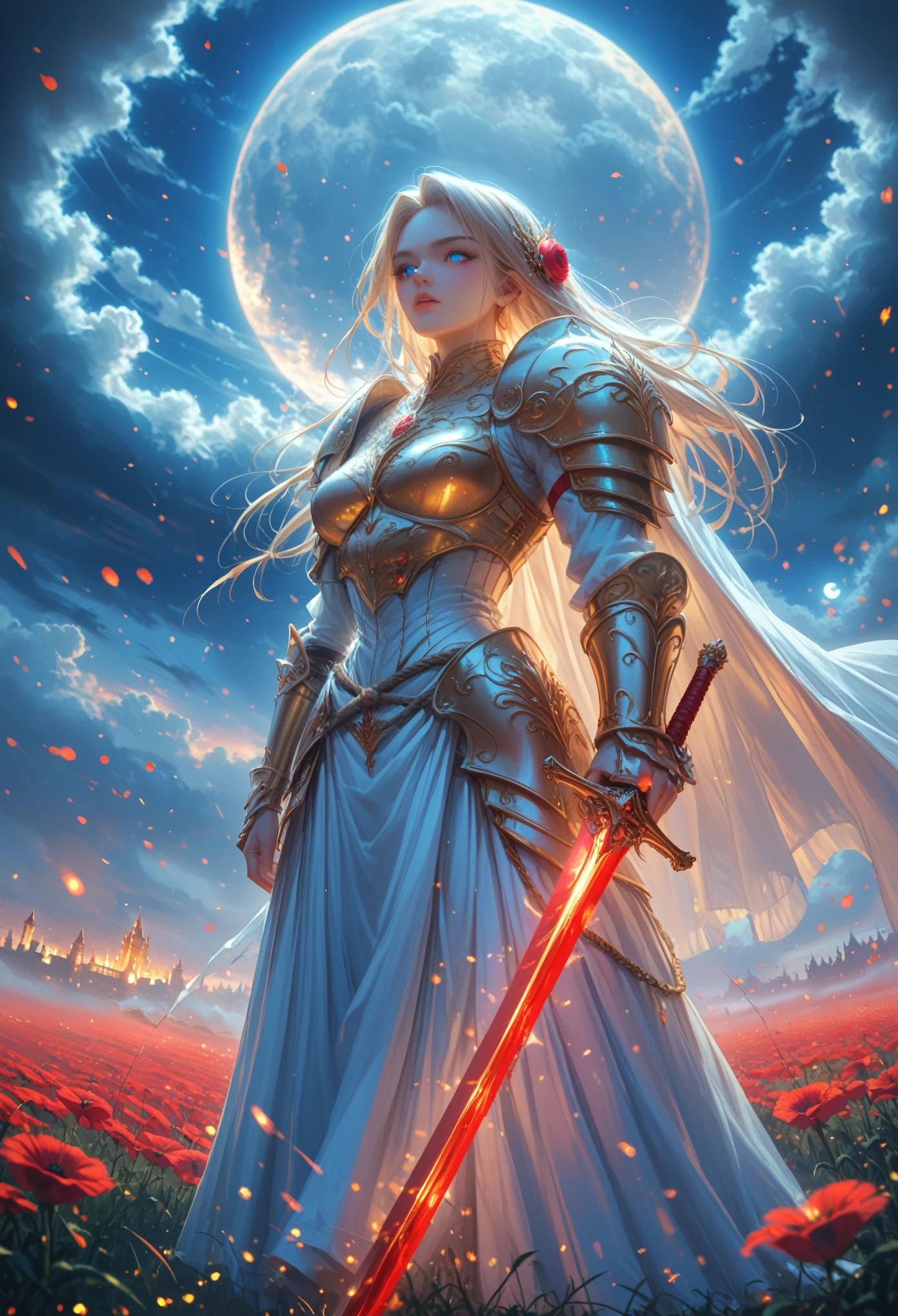 anime girl, whole body, Perfect Armor With Ropes And Golden Patterns, hkstyle, Field of Red Poppies, The sword in the blue flame is held with both hands, Palace, darkness, magic fog, Bright Eyes, Clear Detailing, Game of Shadows, complex details, Shine, Dark Clouds, Night, moon,