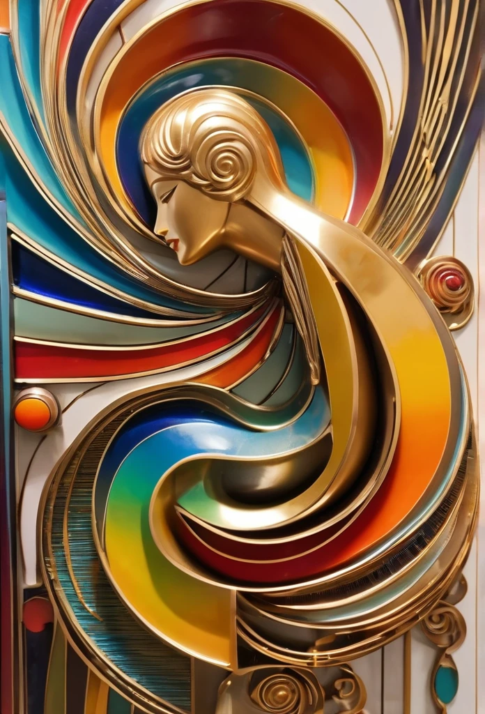 art deco design，Golden Beauty Sculpture，Streamline Moderne，Rainbow metal lines，perfect details，Exquisite craftsmanship，entangle，rotate，Rhythm，Flying，Complicated and gorgeous、Bright colors、full of imagination、Artistic。