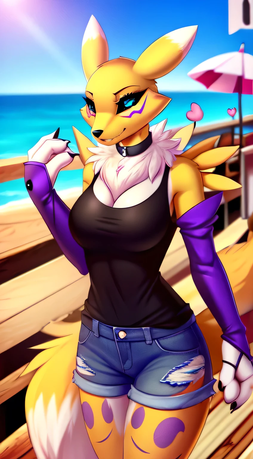 (by ancesra:1.6, by valkoinen, by yourdigimongirl, by doomxthewolf, by smitty g), beautiful, masterpiece, detailed background, best quality, detailed image, colorfull, vibrant colors, (((boardwalk background))), ((street vendors in background)), detailed face, perfect lighting, perfect shadows, perfect eyes, girl focus, perfect hair, blue eyes, perfect face, gorgeous body, hourglass body, shiny body, 1girl, solo, choker, Renamon, fox ears, tattoo, fox tail, facial mark, fox girl, bridal gauntlets, claws, furry, colored sclera, furry female, black sclera, body fur, white fur, yin yang, animal nose, snout, two-tone fur, digimon (creature), yellow fur, purple sleeves, looking at viewer, ((black t-shirt)), cleavage, ((distressed denim shorts)), perfect furry anatomy, shy smile, blush, cute eyes, half-closed eyes, dynamic pose, paws, toes, 3 toes, claws, toe claws, paws, anthro paws, furry paws, perfect hands, ((black collar)), ((holding cotton candy))