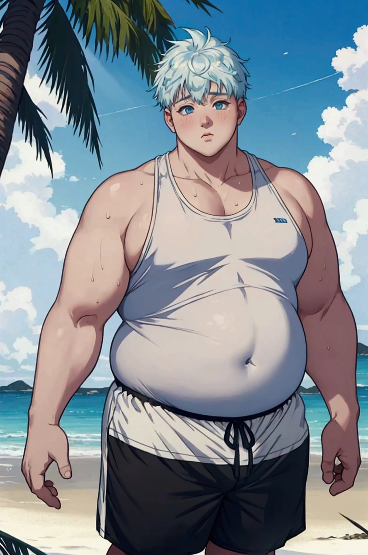 masterpiece, 3d, from far, masterpiece, best quality, ultra-detailed, chama kou, texture, detail eyes, 8k,Naruto_Uzumaki, Blond hair, chama kou, highres, looking at viewer, male focus, very muscular, bara, very muscular male, Blue eyes, short hair, chilling at the beach, ( Naruto_Uzumaki, (((full body))), visible foot, barefoot, Blond hair, Blue eyes, embarrassed, blush, light smile, looking at viewer, look from up, standing on the ground, showing off your Belly, (((arms on hips))) masterpiece, best quality, male focus, upper body, male focus, upper body, male, gay, smooth and sharp focus, Wet body, one penis, (((Adult long Hard penis))), (((nsfw))), (((emphasizing the extraordinary size of pregnant belly))).