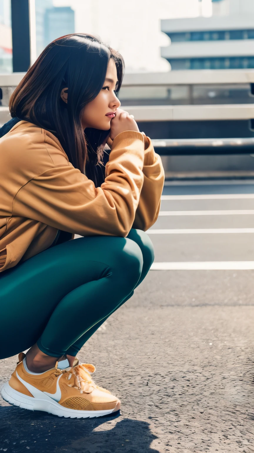 Girl covered in green sludge, bending over, brown hair, pink T-shirt, tight, light beige khaki pants