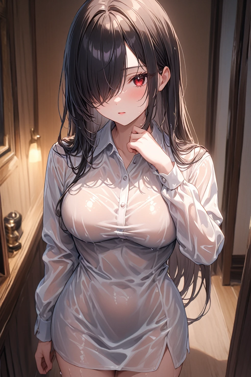 Full Body Portrait, 1girl, Solo, Looking at viewer, Shy, Cute, Red Eyes, Empty Eyes, Expressionless Eyes, Black Hair, Very Long Ponytail, Straight Hair, ((Hair Over One Eye, Swept Bangs:1.5)), Petite, Large breasts, Pale Skinned, Slender, Curvy, (Long Sleeves, Short Dress, wet clothes), Standing, Indoors, Cinematic Lighting, Masterpiece, 4K, Best Quality, High Resolution, Accurate, Award Winning, (SuperQuality:1.0) ~ (SuperQuality:1.2)