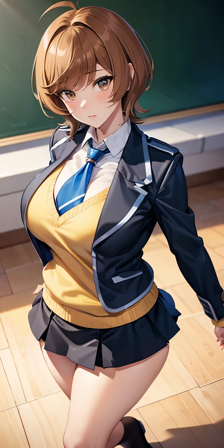 1 Female,High definition,high resolution,Ultra-realistic,8K, hmza, short hair, antenna hair, brown eyes, school uniform, blue necktie, yellow shirt,black jacket, long sleeves, black skirt,tight skirt, miniskirt, large breasts, brown shoes,large breasts,European,sexy,Upper body close-up,Photographed from the front,Dynamic Angles,private teacher,A little sheer underwear,blue underwear,blush, big tits ,(top view),(full body), perfect face,cute face