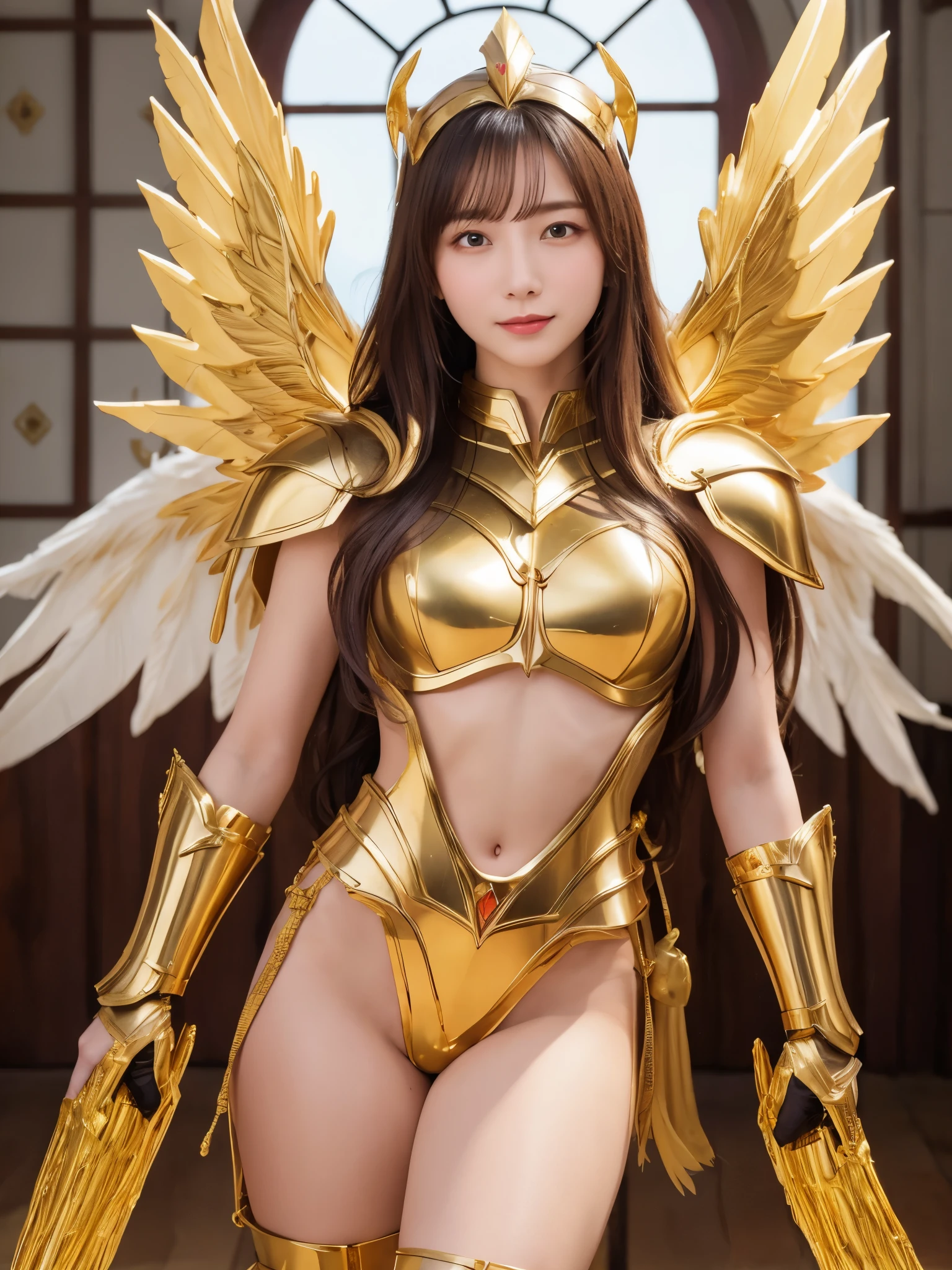 Detailed keyword description of Golden Saint Seiya：

Golden Holy Cloth：Golden saint warrior armor，Strong metallic luster，Symbolizes strength and glory。
helmet：金色helmet，There is a sharp decoration in the center of the forehead，Demonstrate majesty and protection。
Scapula：大而圓潤的Scapula，wing-like design，Enhance momentum and agility。
Breastplate：立體紋樣雕刻的Breastplate，Central prominence，Strengthen the sense of strength。
Arm guards：寬大Arm guards，Meticulous carving，Cover arms，Both protection and beauty。
Leg armor and boots：Gold leg armor and pointed boots，protect legs，Emphasis on speed and power at the same time。
wings behind：Huge golden wings，Feathers are delicately carved，Add a sense of sanctity and majesty。
