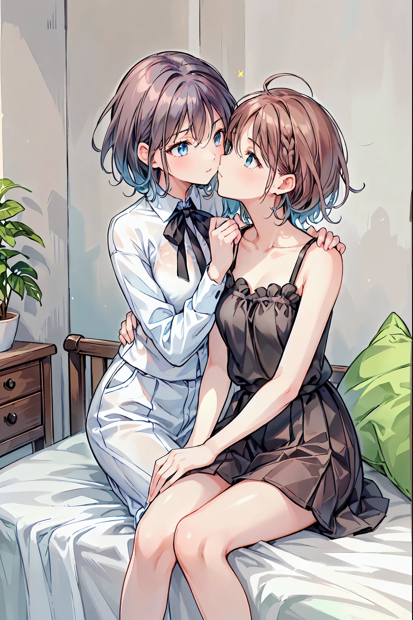 How to sit a girl，Depth of written boundary, delicate eyes, full hand, no extra limbs，distinct nose bridge，fine skin、Smooth、perfect beauty、((small breasts))、thin，((Natural style))，brown hair、really beautiful、beautiful profile，perfect style，Ahegao，((boyish clothes))，shortcut，Western-style room，on the bed，lighting dark，１put your wrist on top of someone，my face turned red，Don&#39;Do not fold your hands，Legs do not cross，((Kiss between girls))，((something similar to rape))，，((Crotch fingers)) ，dim room，night，Around ，one person is naked，thin，Foliage plant，big window，sheets at their feet，lie down on the bed