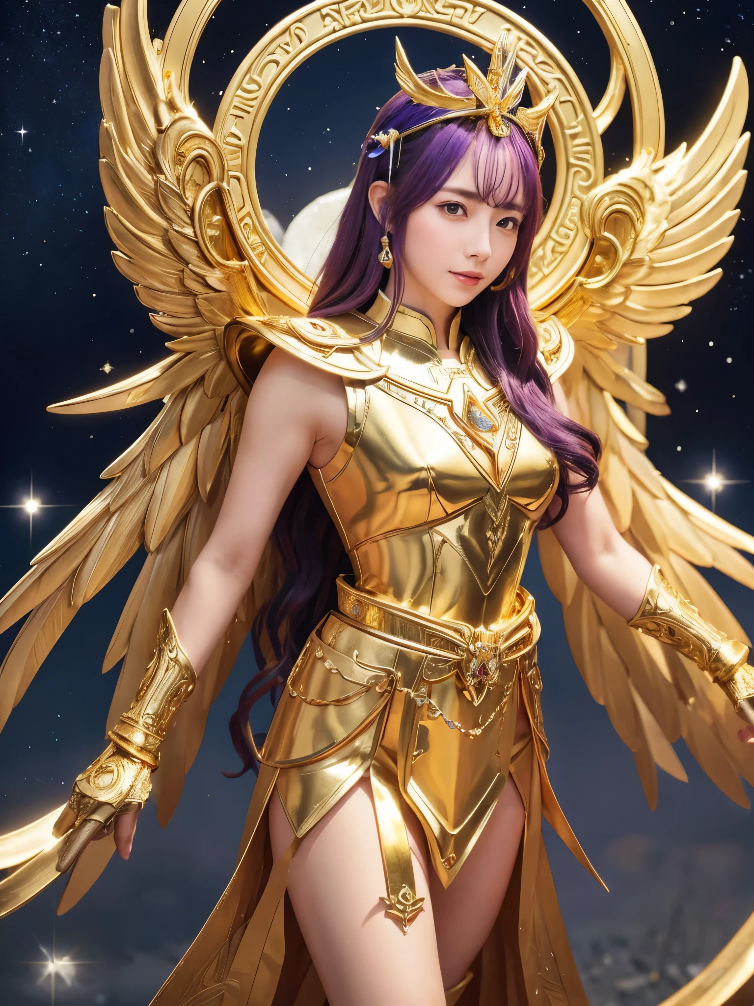 Miss Saori（Athena）The image is full of majesty and holiness。She has long smooth purple hair，The helmet she wears is characterized by the central half-moon decorative edge with exquisite golden carvings. The silver metal surface of the helmet is as smooth as a mirror. The slightly extended curves on both sides are elegant and full of power.,The forehead of the helmet is engraved with delicate ancient Greek-style totems. The gold-plated details on the edges sparkle in the light and fit perfectly with the overall armor.。She wears mainly silver armor with purple and gold decorations，胸甲刻有Athena的神聖圖騰，The long skirt is white and has gold embroidery on the edge.，Leg armor integrated with silver boots，The overall armor is beautifully designed。 She holds a golden scepter,The top of the scepter is a crescent-shaped symbol inlaid with luminous gems.。The round shield is mainly silver, with a star pattern engraved in the center and geometric patterns and moon symbols around it to represent the power of protection.。The huge golden wings spread out behind her and the inner feathers have a purple gradient, symbolizing wisdom and holiness.。 She stands in front of the background of the Zodiac in Saint Seiya，Surrounded by tall golden pillars and mysterious horoscope symbols，The entire scene is shrouded in soft golden light，light from her wings、Reflected on scepter and shield，Highlight her holiness and majesty。
