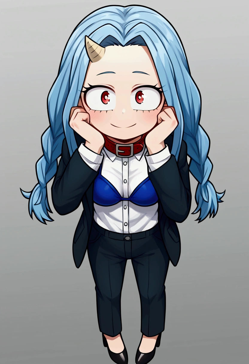 anime,eri,1girl, eri (my hero academia),( girl), (loli), blue hair in messy bangs, large red eyes, goat horn on right forehead, 110cm tall, wearing white blouse, black business suit jacket on shoulders, black pants, black high heels, blue bikini top, blue bikini bottom, formal, hand on chin, looking up at viewer, light smile, medium breasts, braids in pigtails, fingernails painted red, outdoor setting with cityscape in Include a few strands of her messy blue bangs falling across her face, framing her innocent-looking yet slightly mischievous red eyes Her white blouse is buttoned up to the collar, but the jacket is slung over her shoulders, giving a sense of informality to her otherwise professional attire The blue bikini top underneath is barely visible, peeking out from under the jacket collar, adding a touch of naughtiness to the overall scene Her black high heels make her look even smaller and more vulnerable against the urban backdrop, highlighting her childlike appearance