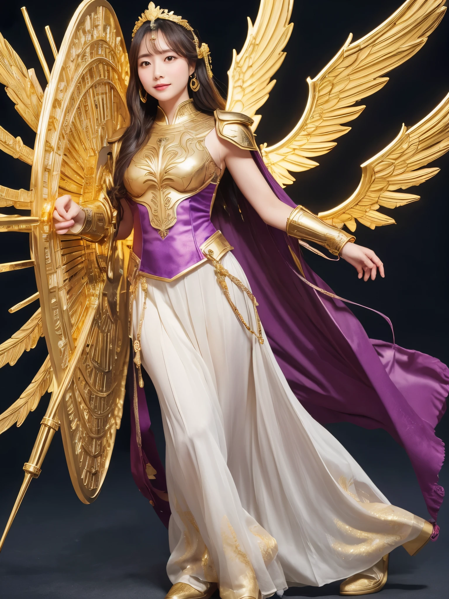 Miss Saori（Athena）The image is full of majesty and holiness。She has long smooth purple hair，The helmet she wears is characterized by the central half-moon decorative edge with exquisite golden carvings. The silver metal surface of the helmet is as smooth as a mirror. The slightly extended curves on both sides are elegant and full of power.,The forehead of the helmet is engraved with delicate ancient Greek-style totems. The gold-plated details on the edges sparkle in the light and fit perfectly with the overall armor.。She wears mainly silver armor with purple and gold decorations，胸甲刻有Athena的神聖圖騰，The long skirt is white and has gold embroidery on the edge.，Leg armor integrated with silver boots，The overall armor is beautifully designed。 She holds a golden scepter,The top of the scepter is a crescent-shaped symbol inlaid with luminous gems.。The round shield is mainly silver, with a star pattern engraved in the center and geometric patterns and moon symbols around it to represent the power of protection.。The huge golden wings spread out behind her and the inner feathers have a purple gradient, symbolizing wisdom and holiness.。 She stands in front of the background of the Zodiac in Saint Seiya，Surrounded by tall golden pillars and mysterious horoscope symbols，The entire scene is shrouded in soft golden light，light from her wings、Reflected on scepter and shield，Highlight her holiness and majesty。
