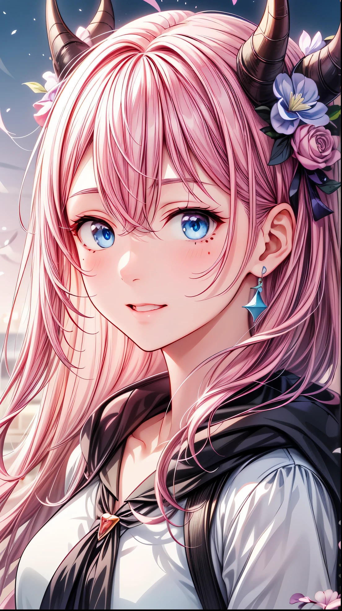 anime girl with pink hair and blue eyes, stunning anime face portrait, anime style 4 k, detailed portrait of anime girl, realistic anime artstyle, anime style. 8k, beautiful anime face, hyper realistic anime, portrait anime girl, beautiful anime portrait, photorealistic anime, anime wallpaper 4 k, anime wallpaper 4k, realistic anime art style, detailed digital anime art, (Masterpiece), (best detail), (Best quality), Detailed Facial Features, Smile, Blush, Mole under the eye, (gradient hair color), Young and good-looking, jewlery, very long hair, horns, hood, lens flare, best quality