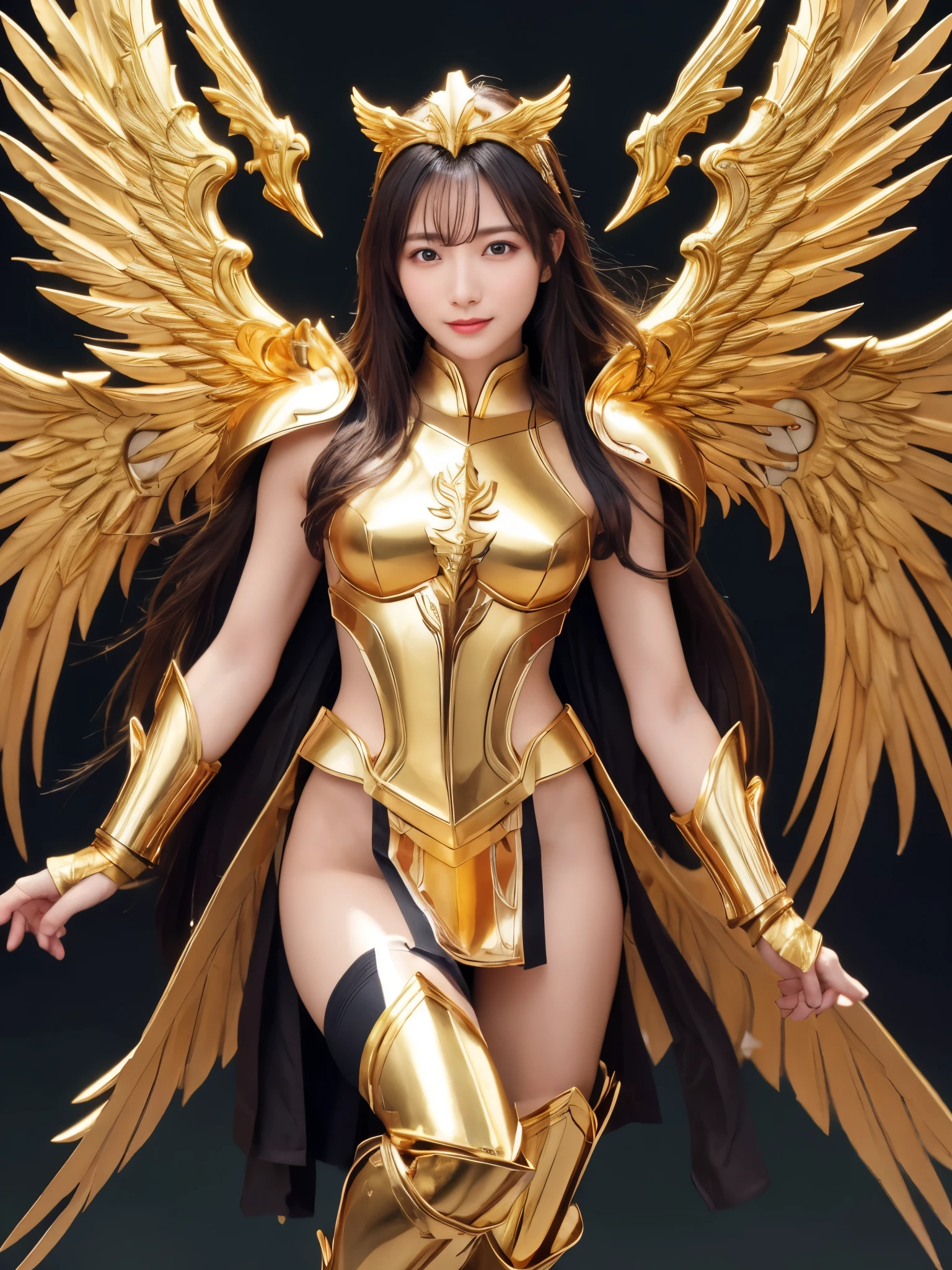 Detailed keyword description of Golden Saint Seiya： Golden Holy Cloth：Golden saint warrior armor，Strong metallic luster，Symbolizes strength and glory。 helmet：金色helmet，There is a sharp decoration in the center of the forehead，Demonstrate majesty and protection。 Scapula：大而圓潤的Scapula，wing-like design，Enhance momentum and agility。 Breastplate：立體紋樣雕刻的Breastplate，Central prominence，Strengthen the sense of strength。 Arm guards：寬大Arm guards，Meticulous carving，Cover arms，Both protection and beauty。 Leg armor and boots：Gold leg armor and pointed boots，protect legs，Emphasis on speed and power at the same time。 wings behind：Huge golden wings，Feathers are delicately carved，Add a sense of sanctity and majesty。
