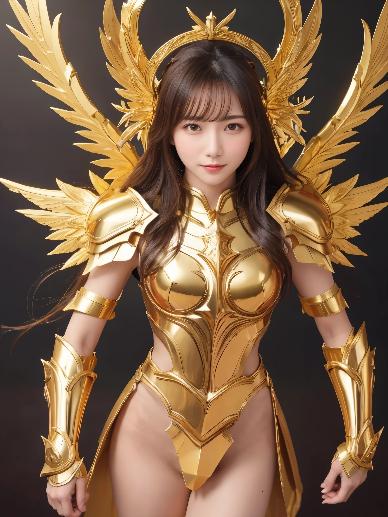 Detailed keyword description of Golden Saint Seiya： Golden Holy Cloth：Golden saint warrior armor，Strong metallic luster，Symbolizes strength and glory。 helmet：金色helmet，There is a sharp decoration in the center of the forehead，Demonstrate majesty and protection。 Scapula：大而圓潤的Scapula，wing-like design，Enhance momentum and agility。 Breastplate：立體紋樣雕刻的Breastplate，Central prominence，Strengthen the sense of strength。 Arm guards：寬大Arm guards，Meticulous carving，Cover arms，Both protection and beauty。 Leg armor and boots：Gold leg armor and pointed boots，protect legs，Emphasis on speed and power at the same time。 wings behind：Huge golden wings，Feathers are delicately carved，Add a sense of sanctity and majesty。
