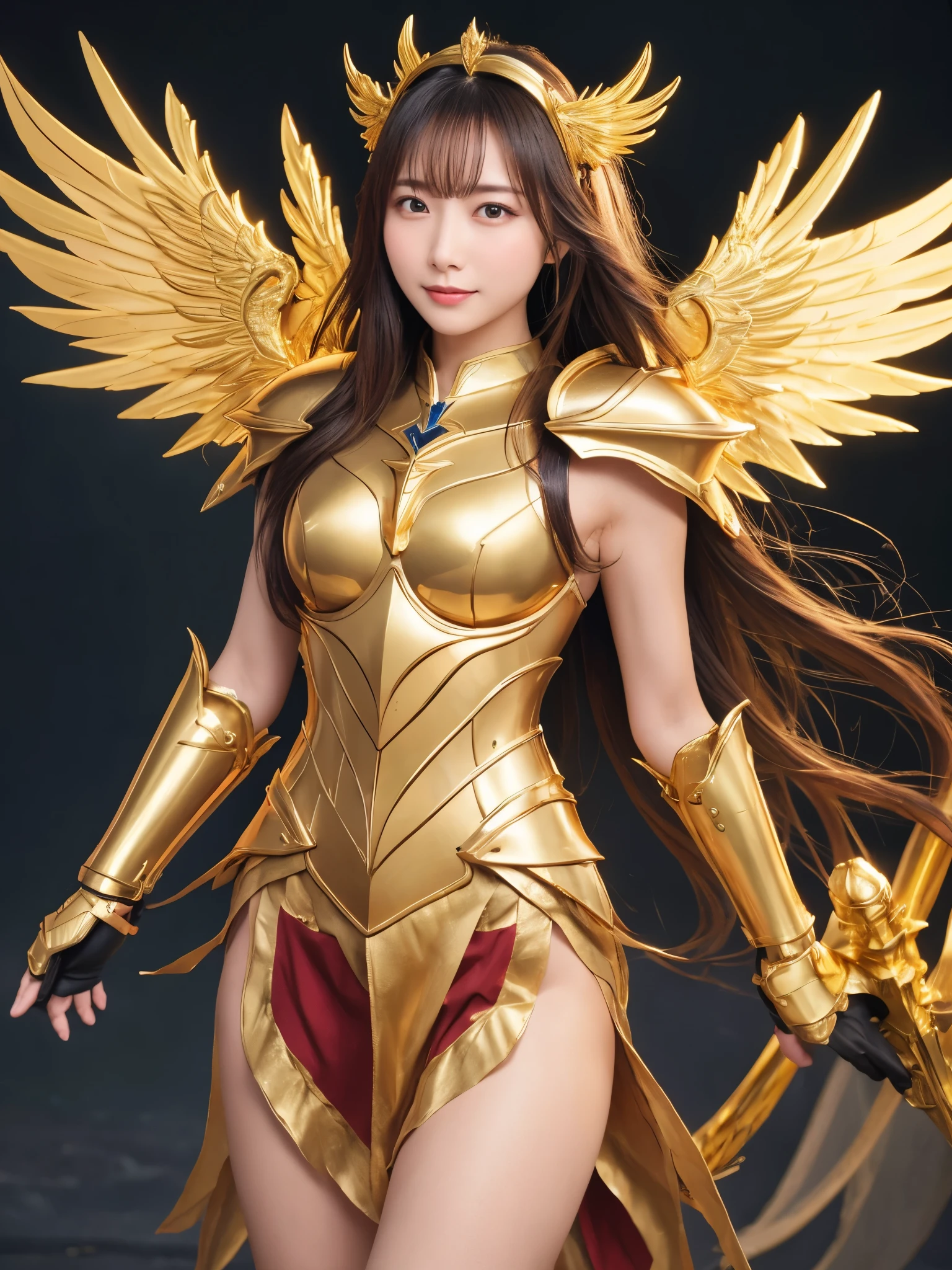 Detailed keyword description of Golden Saint Seiya： Golden Holy Cloth：Golden saint warrior armor，Strong metallic luster，Symbolizes strength and glory。 helmet：金色helmet，There is a sharp decoration in the center of the forehead，Demonstrate majesty and protection。 Scapula：大而圓潤的Scapula，wing-like design，Enhance momentum and agility。 Breastplate：立體紋樣雕刻的Breastplate，Central prominence，Strengthen the sense of strength。 Arm guards：寬大Arm guards，Meticulous carving，Cover arms，Both protection and beauty。 Leg armor and boots：Gold leg armor and pointed boots，protect legs，Emphasis on speed and power at the same time。 wings behind：Huge golden wings，Feathers are delicately carved，Add a sense of sanctity and majesty。
