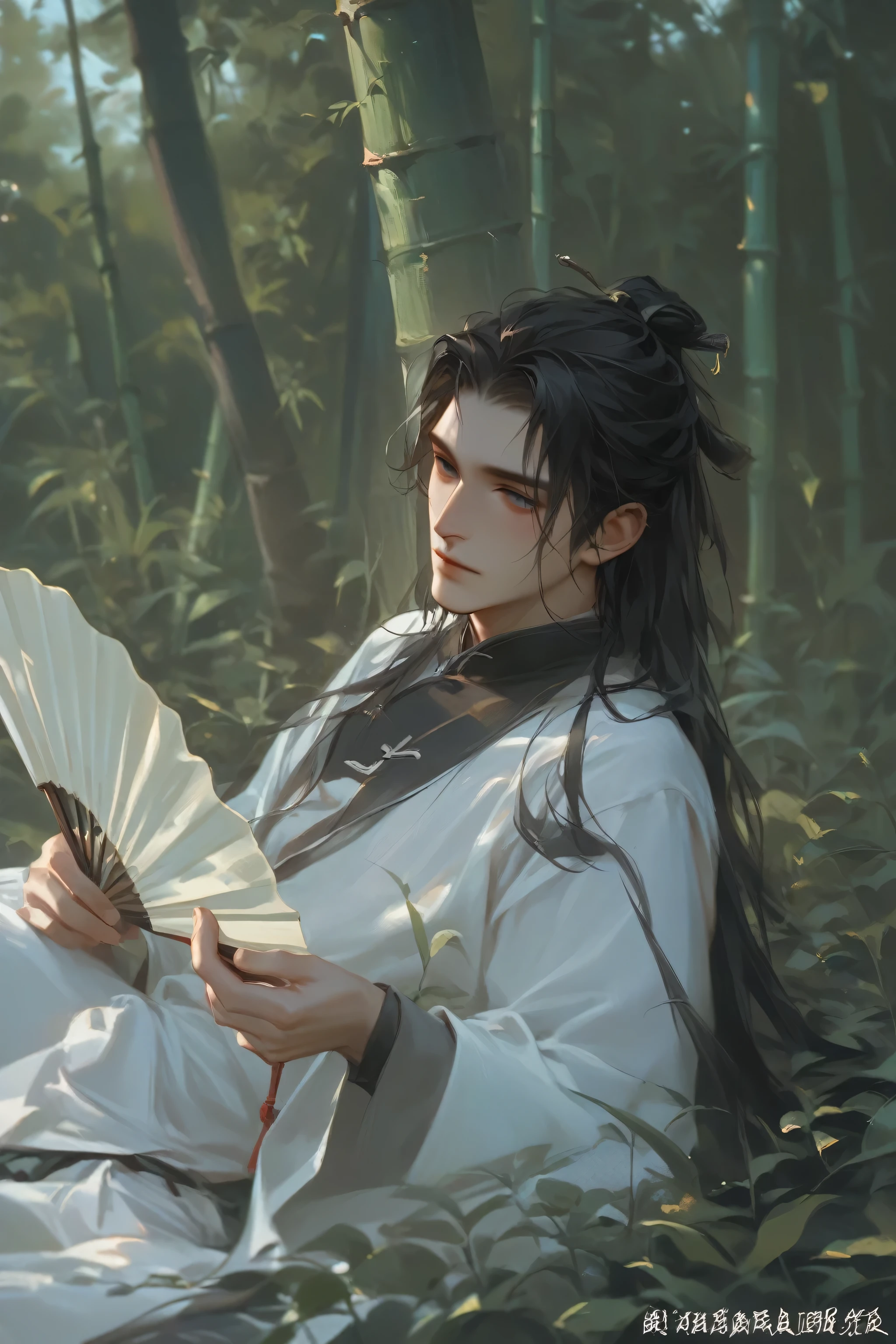 man, ancient Chinese man, black long hair, black eyes, wear a white Hanfu, holding a folding fan, scholar, sick, frail, in the bamboo forest, create serene atmosphere, ancient China