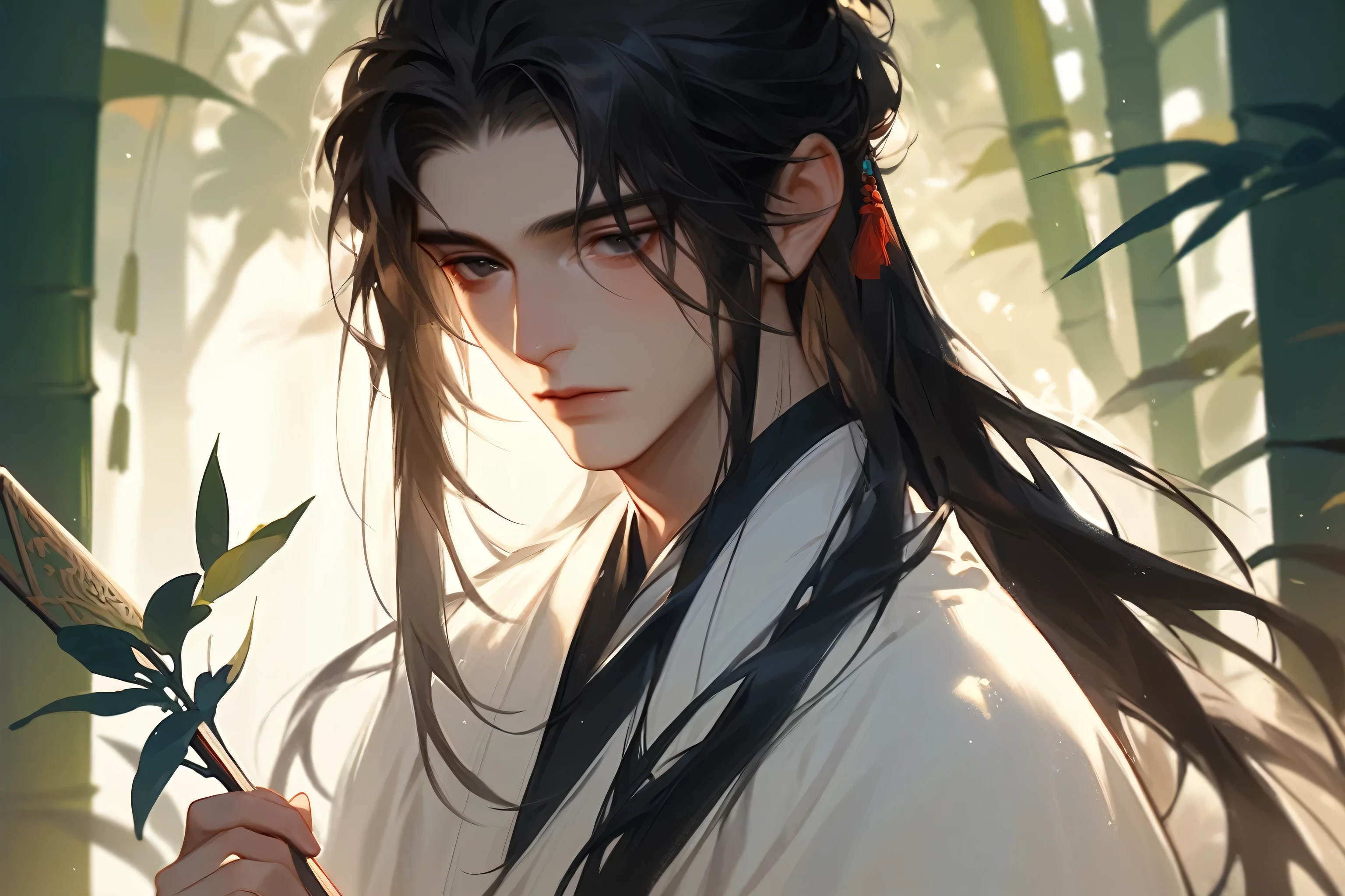 man, ancient Chinese man, black long hair, black eyes, wear a white Hanfu, holding a folding fan, scholar, sick, frail, in the bamboo forest, create serene atmosphere, dull green lighting, ancient China