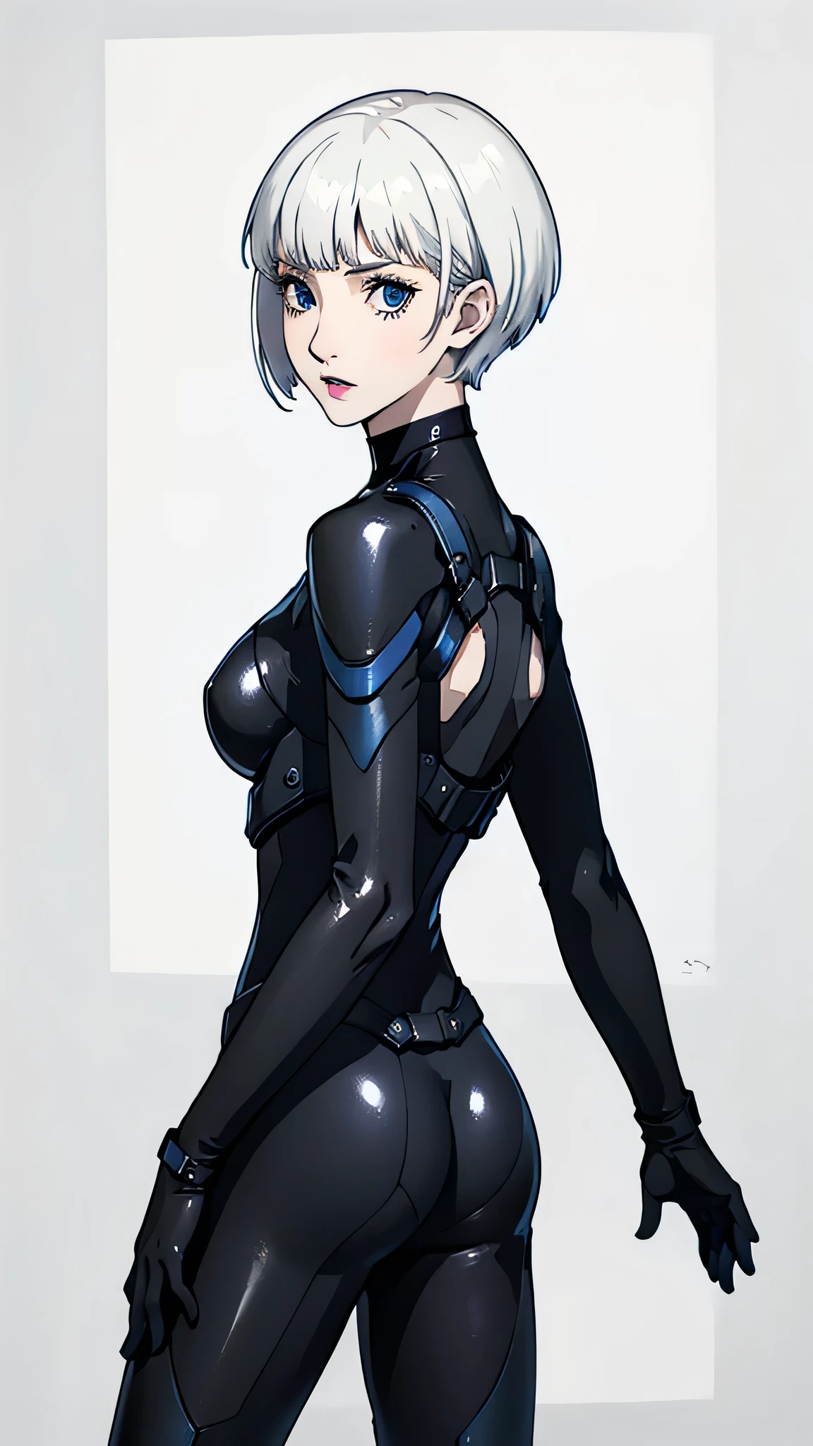1 girl, very Short hair, tomboy Pixie haircut, white hair, blue eyes, black lipstick, choker, face portrait, black Gantz suit , white background, front face, face portrait, bangs, safe_pos, 1girl, (score_9, score_8_up:1.1), score_7_up, black lipstick, black combat suit, medium breast, standing confidently, pensive, fit, Perspective, front view, parted lips, from below, looking at viewer, looking back, ass focus, white background, very short hair, very short hair