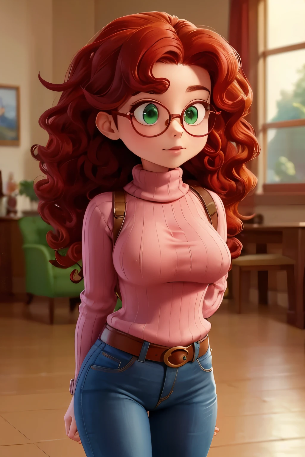 masterpiece, best quality)), full body, (solo 0.6), red curly hair, long hair, green eyes, nipple outline, (oversized breasts 0.8), Colossal breasts, large butt, young child, indoors, black glasses, pink turtleneck sweater, denim jeans, dynamic pose