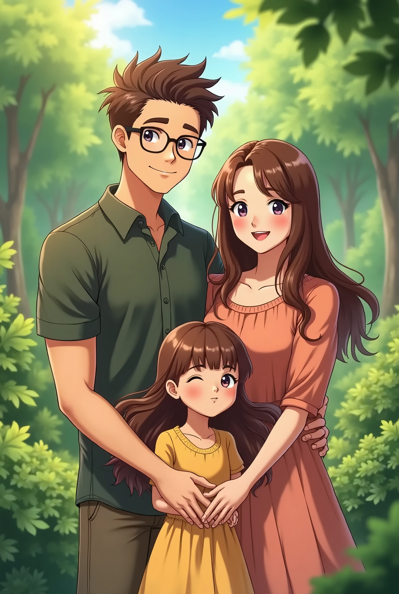 Family of three, dad, mom, baby boy, cute, black hair, glasses, black eyes, warm, two-dimensional, anime --auto