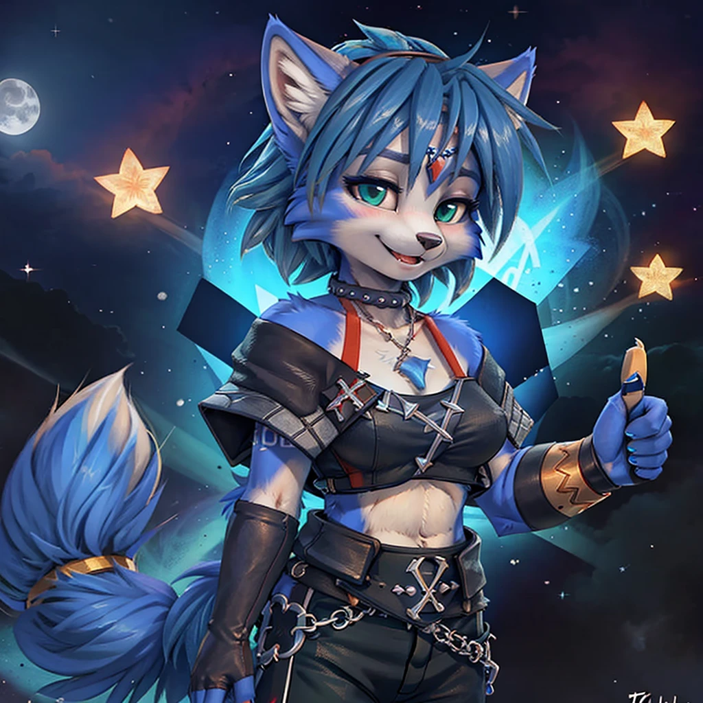 A beautiful and detailed (cute picture) from ((krystal)), Star Fox krystal,  green eyes, medium breasts, (((Long blue hair 1.3))),  anthro, Fuzzy, (from Fluff-Kevlar, Bayard Wu, personalize me, Pino Daeni),  detailed Fluffy fur, detailed face, (Fluffy), 1 girl, Alone, Hair covers one eye:1.4, big happy smile, I give you a thumbs up, 