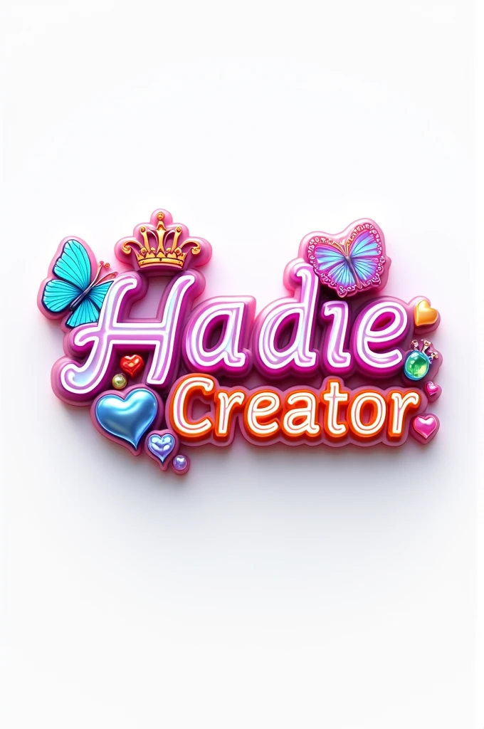 The charming and charming 3D text logo titled "Hadie Creator" attracts viewers' attention with its elegant, royal and unique design. The harmonious font features a charming heart decorated with a crown and diamonds, a stunning transparent colorful butterfly, and a charming red and lavender heart on the side. Bold neon shades of red, blue, yellow, purple, green and orange contrast perfectly against the pure white background, creating a dazzling visual effect. The intricate design, vibrant colors and 3D rendering expertly embody the architectural essence, typography and cinematic qualities, making it truly unique. Suitable for use in cinematic posters, architectural renderings, or a variety of other applications, this striking logo serves as Less's focal point