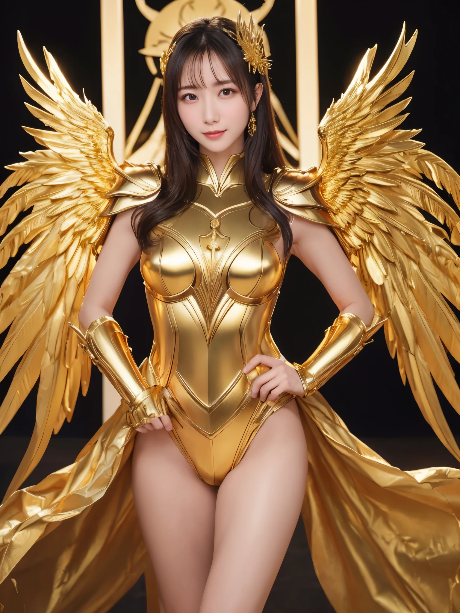 Detailed keyword description of Golden Saint Seiya： Golden Holy Cloth：Upper breastplate removed,Breasts exposed,Nipples are beautiful,Strong metallic luster，Symbolizes strength and glory。 helmet：金色helmet，There is a sharp decoration in the center of the forehead，Demonstrate majesty and protection。 Scapula：大而圓潤的Scapula，wing-like design，Enhance momentum and agility。  Arm guards：寬大Arm guards，Meticulous carving，Cover arms，Both protection and beauty。 Leg armor and boots：Gold leg armor and pointed boots，protect legs，Emphasis on speed and power at the same time。 wings behind：Huge golden wings，Feathers are delicately carved，Add a sense of sanctity and majesty。
