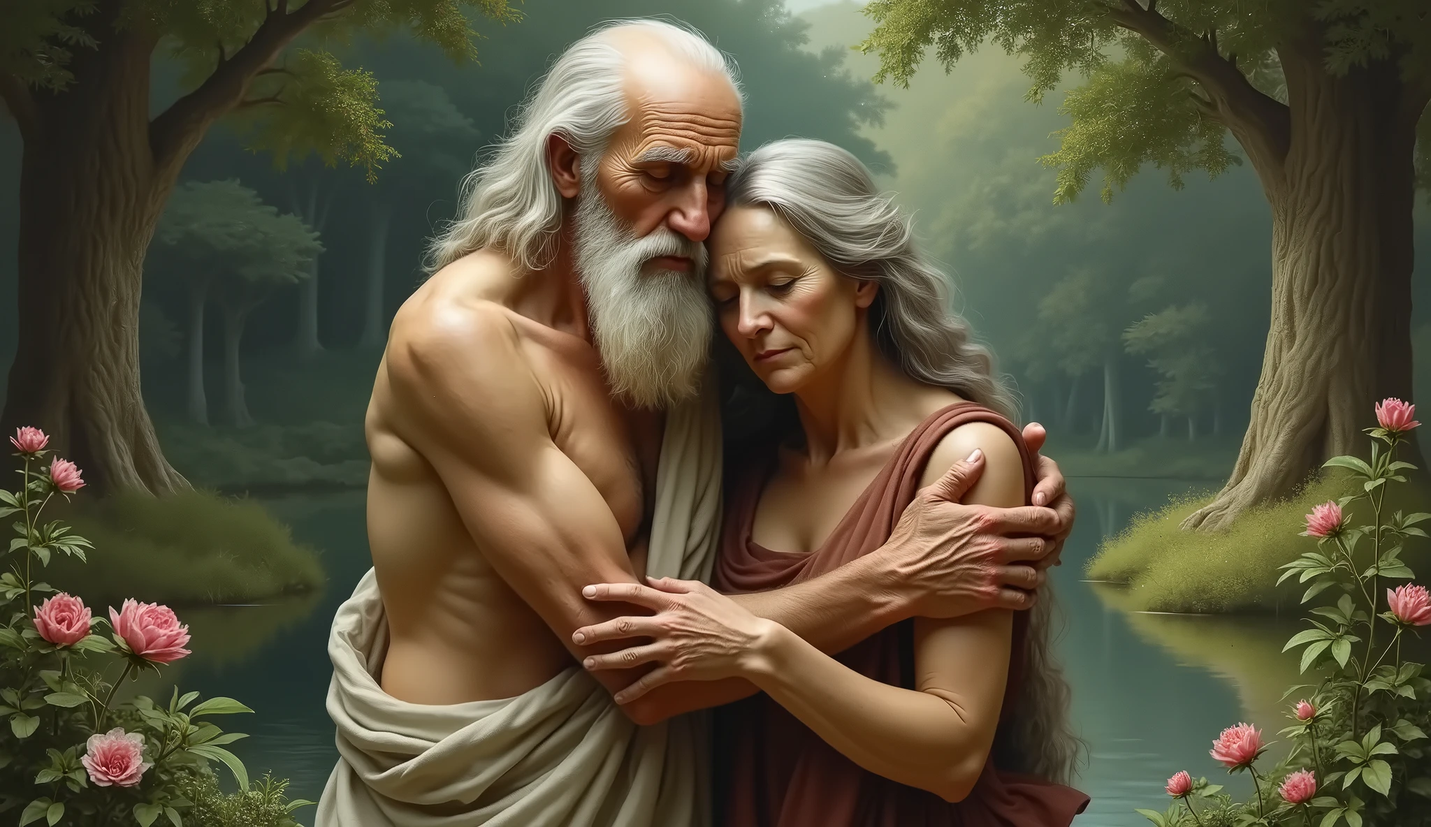 full body, naked, female greek with recloak, female greek, painted of rugged zeus and queen hera, god of thunder, female greek god, white hair, masculine, mature, handsome, upper body, muscular, hairy torso, fantasy, intricate, elegant, highly detailed, digital painting, artstation, concept art, smooth, sharp focus, illustration, art by gaston bussiere and alphonse mucha, almost naked