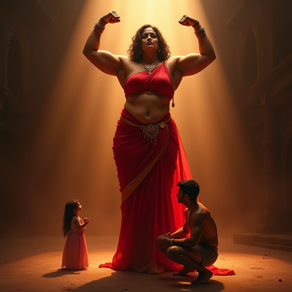 Beautiful Indian woman in black lifting a large chubby man high above her head with her strong arms. Photorealistic. At home terrace, natural smile