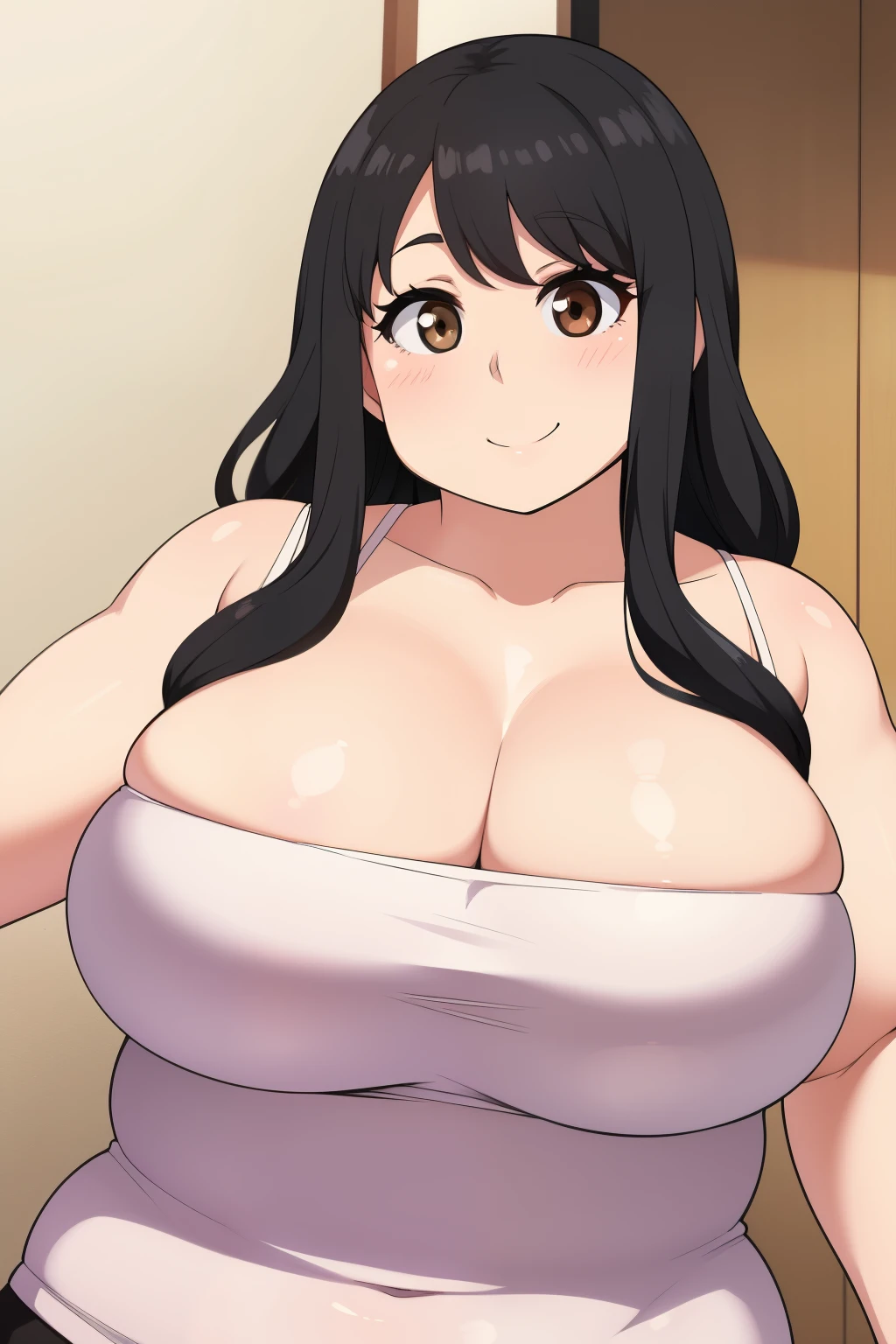 Chubby 2 big boobs black hair brown eyes happy long messy hair smile blushing deredere 