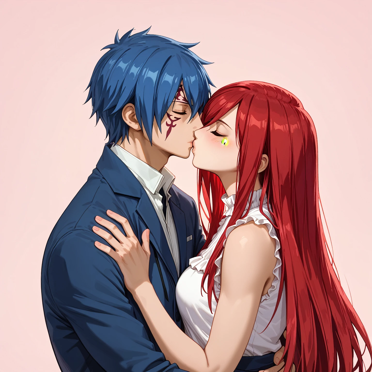 masterpiece, best quality, hetero, couple, 1boy, jellal fernandes, blue hair, short hair, blue coat, hair between eyes, closed eyes, blush, kiss, hug, 1 girl, erza scarlet, red hair, long hair, sidelocks, white shirt, frilled shirt, sleeveless shirt, profile