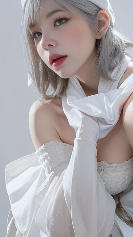 Beautiful woman with perfect figure:1.4,snow,Touching butt with both hands,snow background,Layered Hairstyle,White skin,Prominent cleavage,Pleated Skirt,whole body,Very delicate face and skin texture,Double eyelids,Skin Whitening,Long white hair