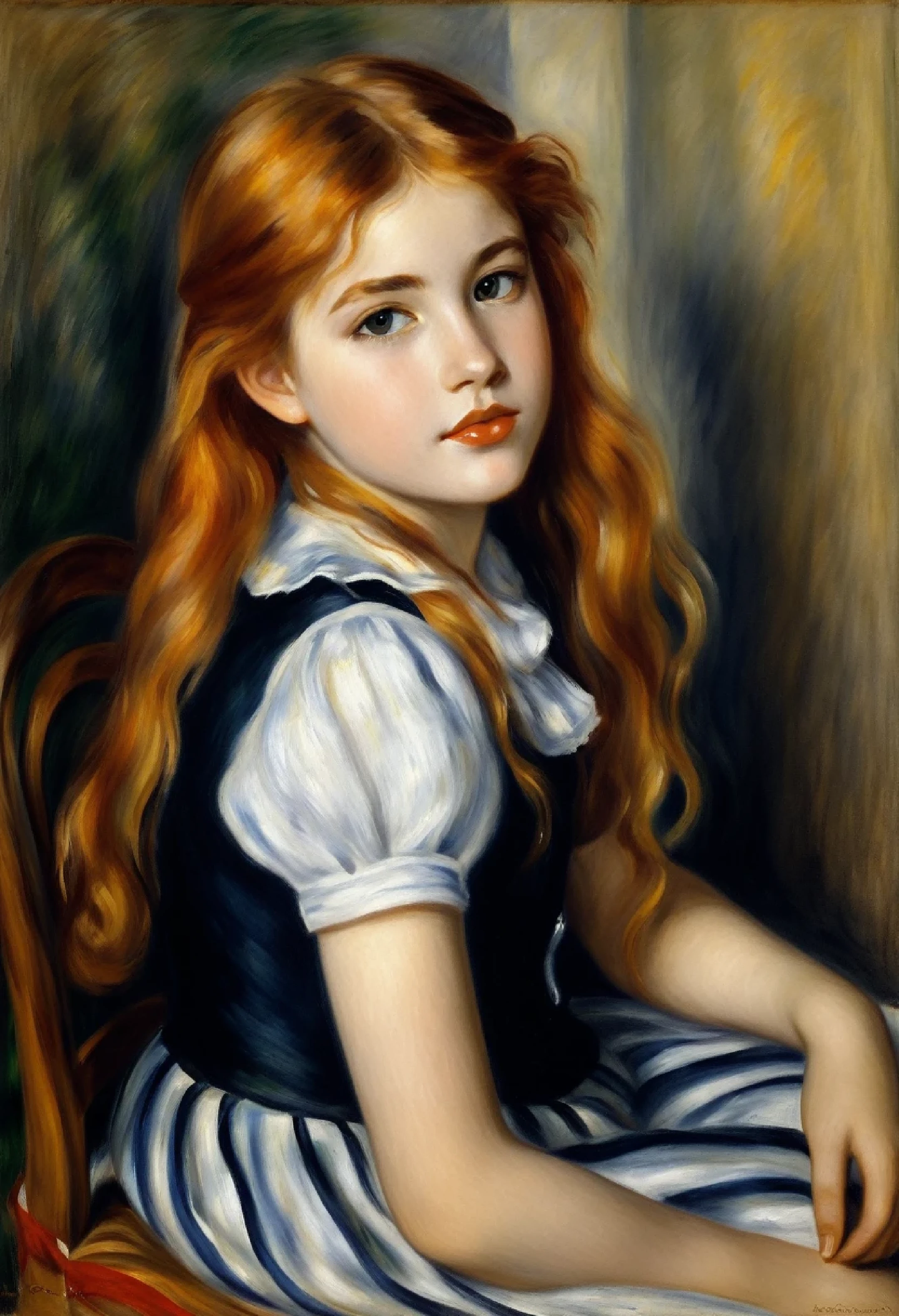 a painting of a young girl with long hair sitting in a chair, Пьер-Огюст Renoir, [dark studio], Chiaroscuro , Renoir, Пьер Ролан Renoir, Пьер - Огюст Renoir, in Renoir style painting, side portrait of a girl, portrait of a young girl, portrait of a red-haired girl, portrait young girl, young girl